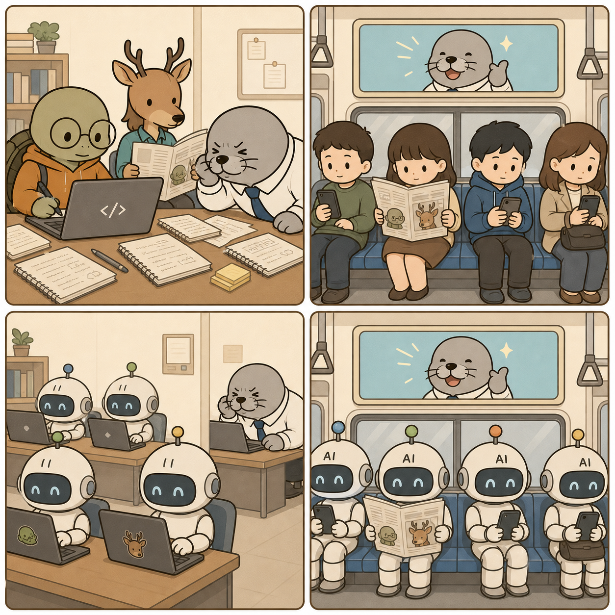404호 개발실 29 - 무덤 — 2x2 4컷 웹툰. 1. 꼬북이가 안경을 쓰고 노트북에 글을 쓰고 있다. 노트북 옆에는 무언가 적힌 종이 노트들이 어지럽게 흩어져 있다. 사슴이는 옆에서 신문을 읽고 있고, 물범이는 눈이 잘 보이지 않아 인상을 찡그린 채 노트북을 가까이서 보고 있다. 2. 지하철 안에서 사람들이 신문과 휴대폰을 보고 있다. 신문 뒤쪽에는 꼬북이와 사슴이의 그림이 보이고, 지하철 위쪽 광고에는 물범이가 환하게 웃는 모델로 찍혀 있다. 3. 여러 대의 AI가 노트북에 글을 쓰고 있다. 노트북 뒤에는 꼬북이 마크가 보이고, 사슴이 마크도 함께 보인다. 물범이는 여전히 얼굴을 찡그리고 구석에서 노트북을 보고 있다. 4. 2번과 같은 지하철 구성에서 사람들이 로봇으로 바뀌어 있다. 로봇들의 이마에는 AI라고 쓰여 있다. 신문 뒤쪽의 꼬북이와 사슴이 그림, 지하철 광고 모델인 웃는 물범이는 2번과 동일하게 표현되어 있다.