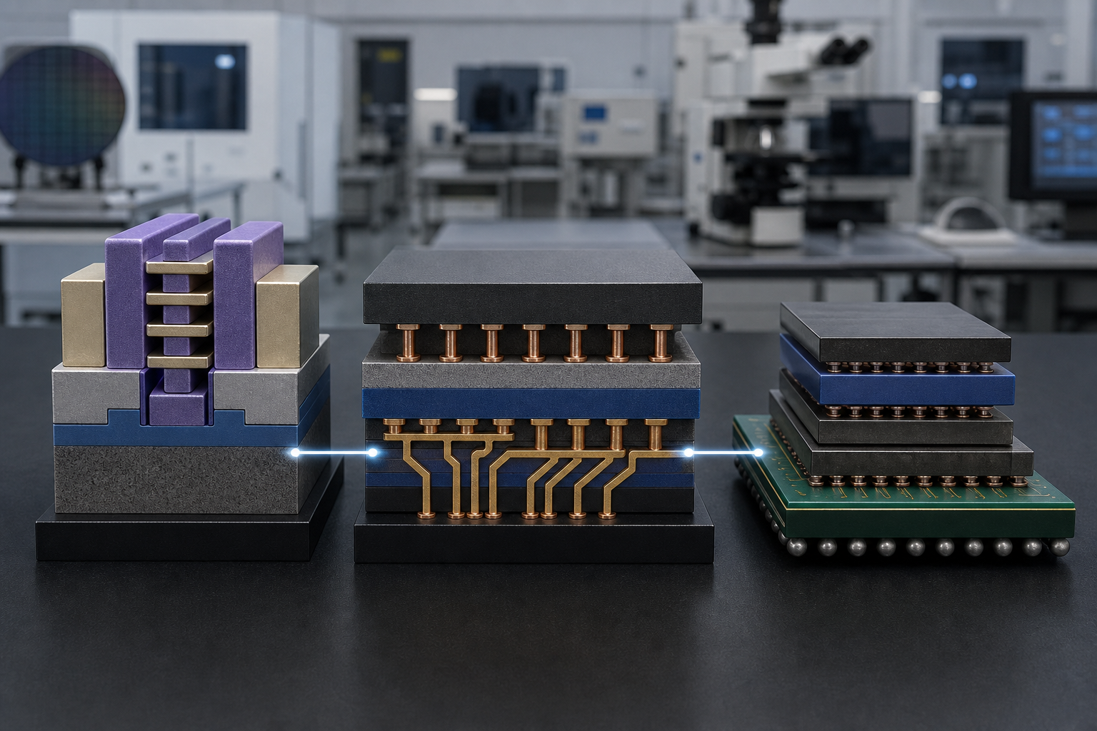 RibbonFET 트랜지스터, 후면 전력 공급, 적층 칩렛을 왼쪽부터 물리 모형으로 연결한 Intel 18A 설명 장면