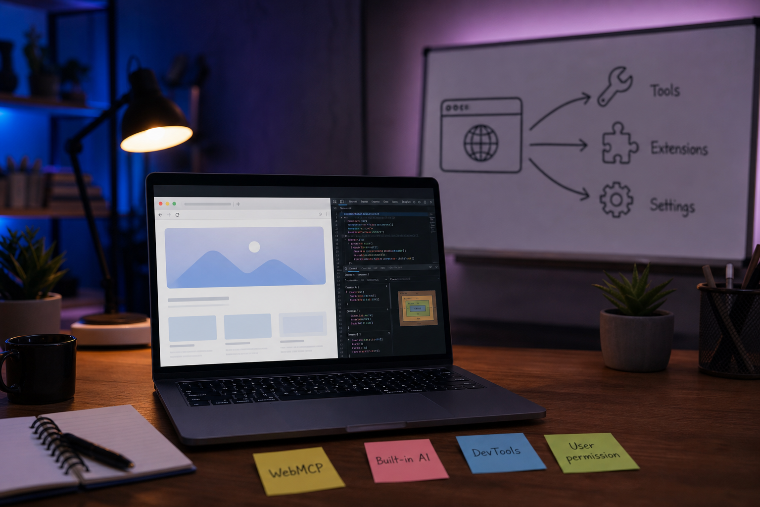 브라우저 AI 작업대 — 노트북과 화이트보드가 WebMCP, 내장 AI, DevTools의 관계를 보여주는 장면