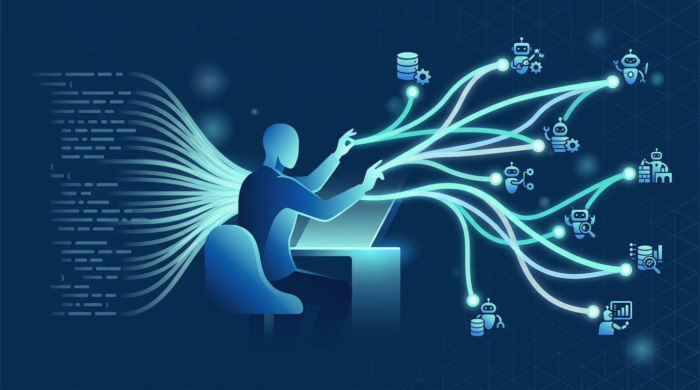 코드 라인 대신 여러 AI 에이전트의 작업 흐름을 지휘하는 사람을 추상적으로 표현한 기술 콘셉트 이미지