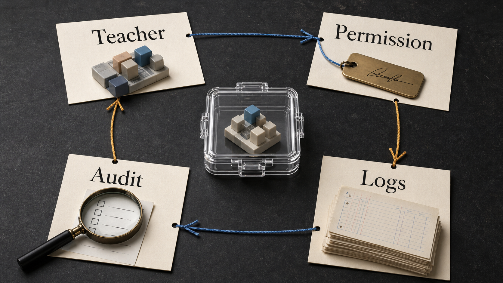 Teacher, Permission, Logs, Audit 네 단계가 원형 흐름으로 놓인 증류 거버넌스 확인 구조