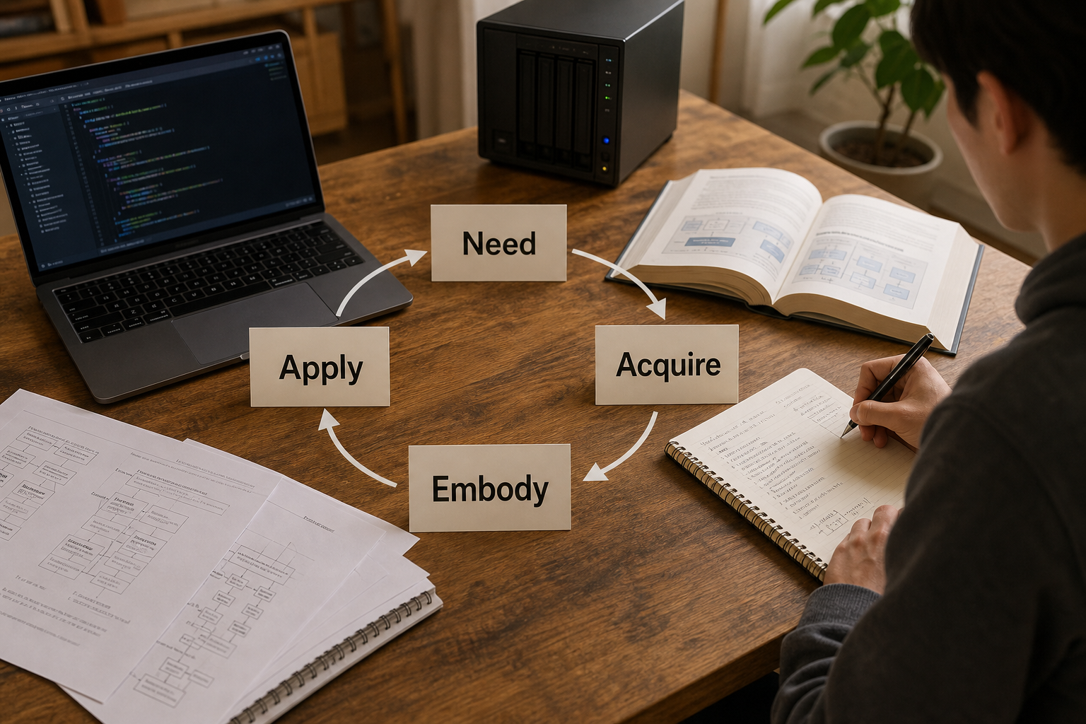 A developer moving through four connected stages labeled Need, Acquire, Embody, and Apply at a workbench with code, documentation, and a small running project