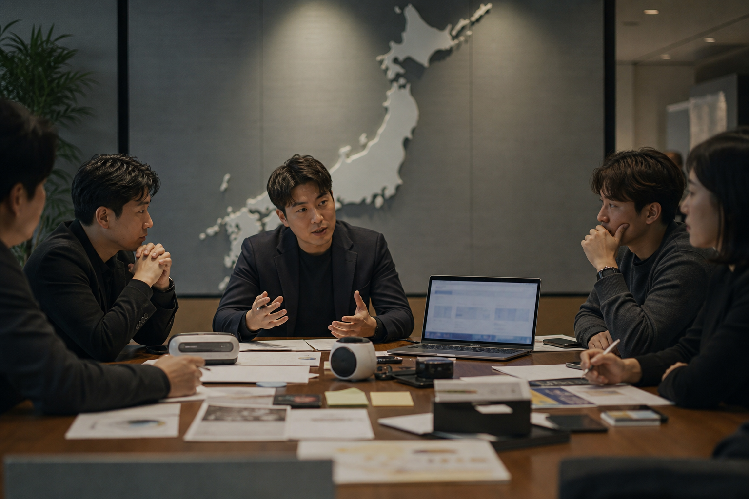 일본시장 진출 준비 회의 — 한국 AI·디지털 기업 팀이 일본 시장 자료와 후속 미팅 계획을 검토하는 실사 에디토리얼 사진