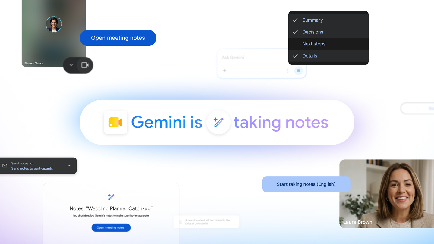 Google Meet의 Take notes for me 기능을 보여주는 Google 공식 이미지
